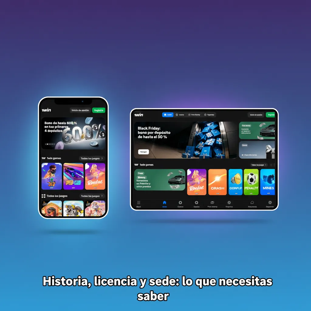 Infografía 1win: línea de tiempo 2016, licencia Curaçao eGaming y sede en Curazao con operaciones globales.