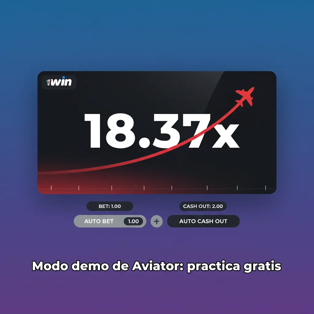 Pantalla del modo demo de Aviator en 1win con avión, línea roja del multiplicador y opciones Auto Apuesta y Auto Cashout