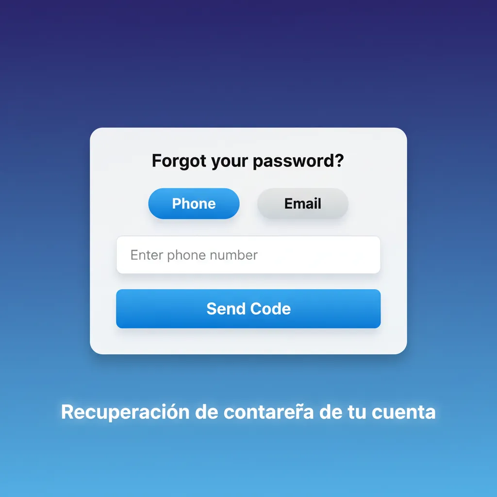 Pantalla de recuperación de contraseña de tu cuenta: Olvidaste tu contraseña, correo/SMS, código y nueva clave.