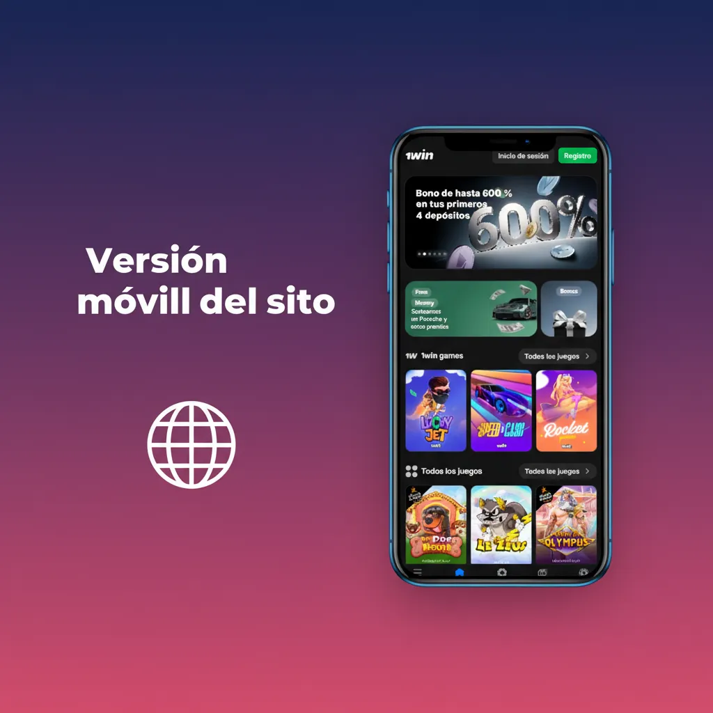 Interfaz móvil del sitio con menús, cuotas, boleto de apuesta, casino, pagos y soporte; funciona en Android e iOS sin app.