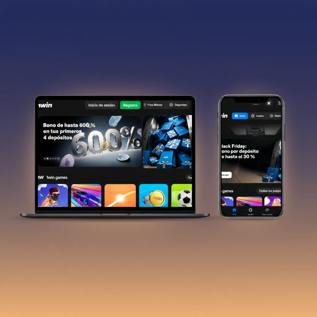 Interfaz del sitio 1win con menú Deportes, En Vivo, Casino y eSports; panel lateral para ligas, cuotas y boleto de apuesta