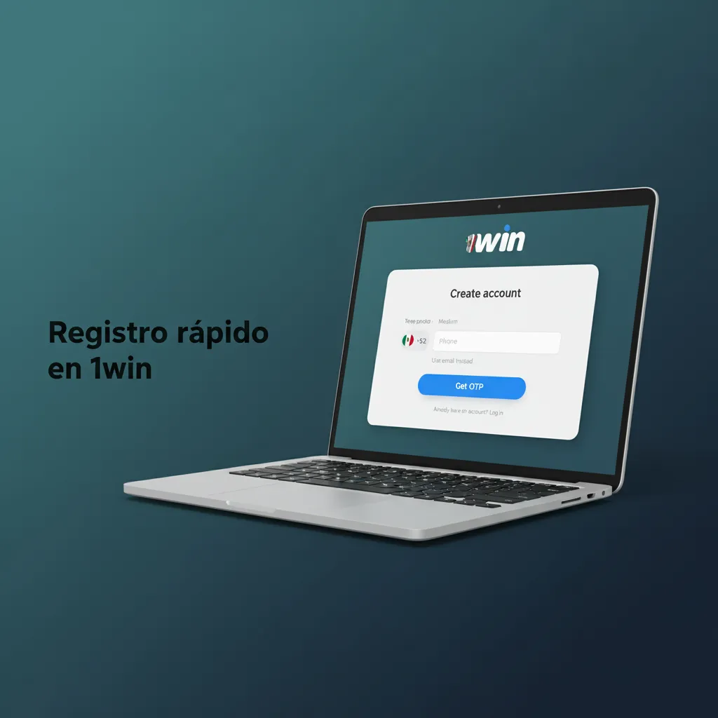 Ilustración de registro rápido en 1win con pasos: datos, aceptar TyC, verificación SMS/email y depósito SPEI/OXXO.